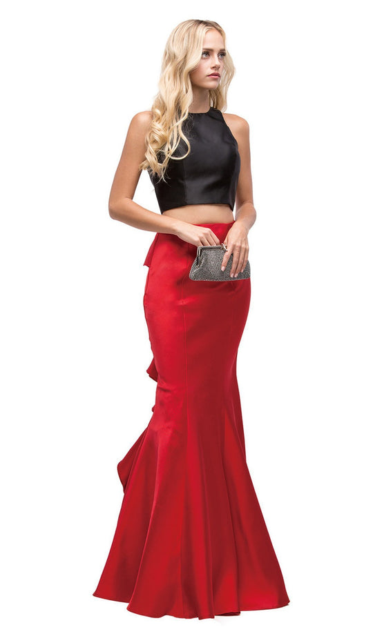 Dancing Queen - 9767 Two Piece Trumpet Silhouette Prom Dress with Ruffled Back and Red
