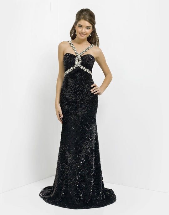 Blush - Sparkling Long Dress with Rhinestones Straps 9770 in Black