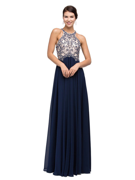Dancing Queen Chiffon Halter A-Line Evening Dress 9776 1 pc Navy Blue In Size Small Available