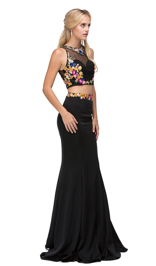 Dancing Queen - 9778 Floral Embroidered Two-piece Mermaid Prom Dress In Black