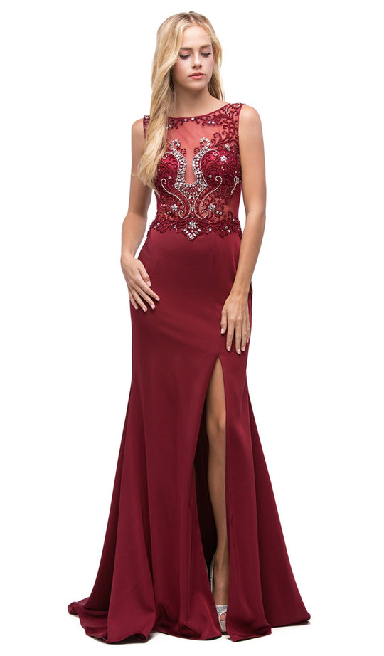 Dancing Queen - 9791 Beaded Sheer Trumpet Prom Dress In Red