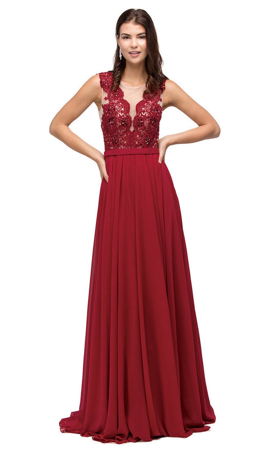 Dancing Queen - 9792 Illusion Plunged Neckline Lace Bodice Prom Dress