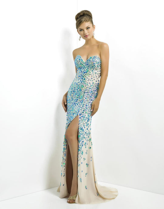 Blush - Strapless Long Dress with Slit 9793 in Blue and  Nude