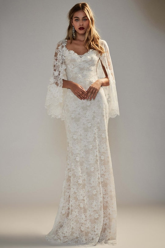 Tadashi Shoji - Floral Lace Cape Bridal Dress In White