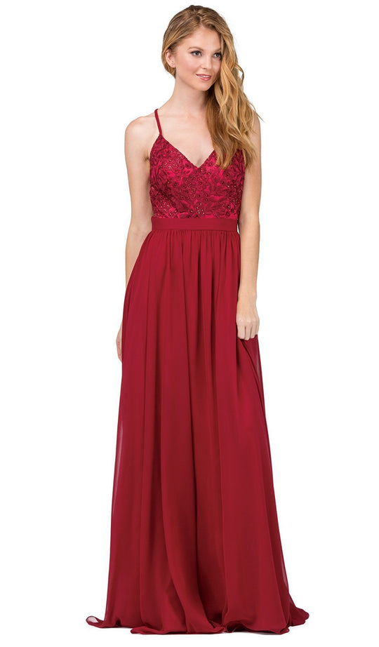 Dancing Queen - 9850 Beaded Lace V-neck A-line Prom Dress in Red