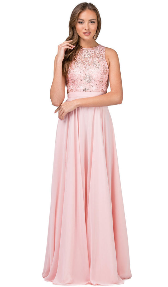 Dancing Queen - 9851 Beaded Lace Jewel Neck A-line Prom Dress in Pink