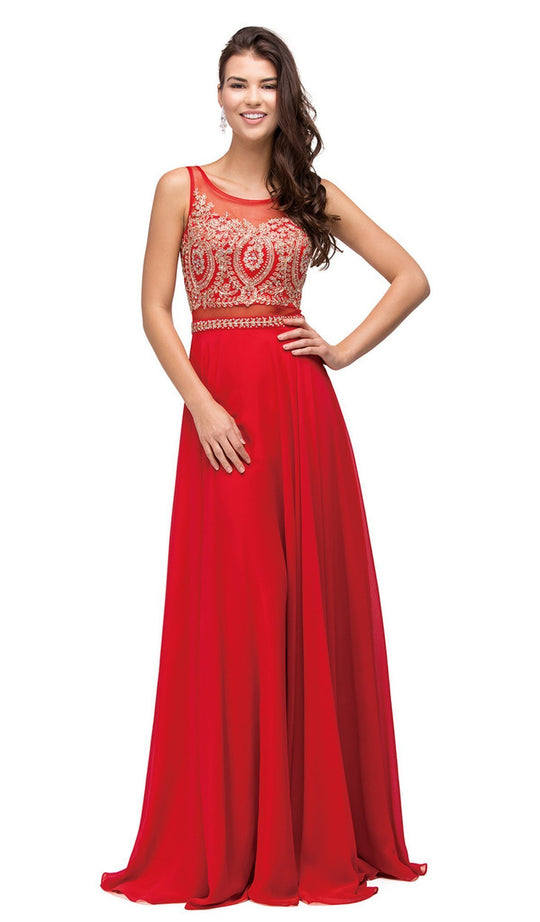 Dancing Queen - 9856 Illusion Bateau Gilded Evening Gown in Red