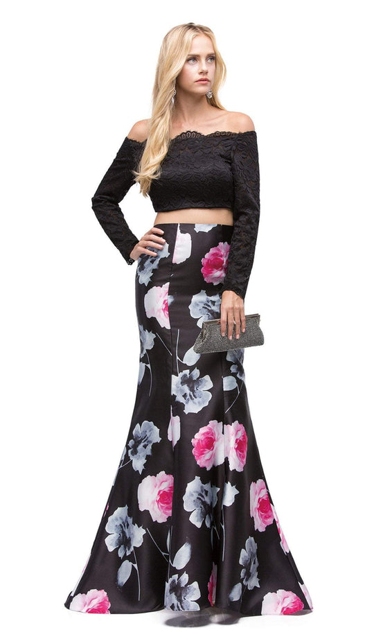 Dancing Queen - 9862 Printed Two-Piece Off Shoulder with Sleeves Prom Dress