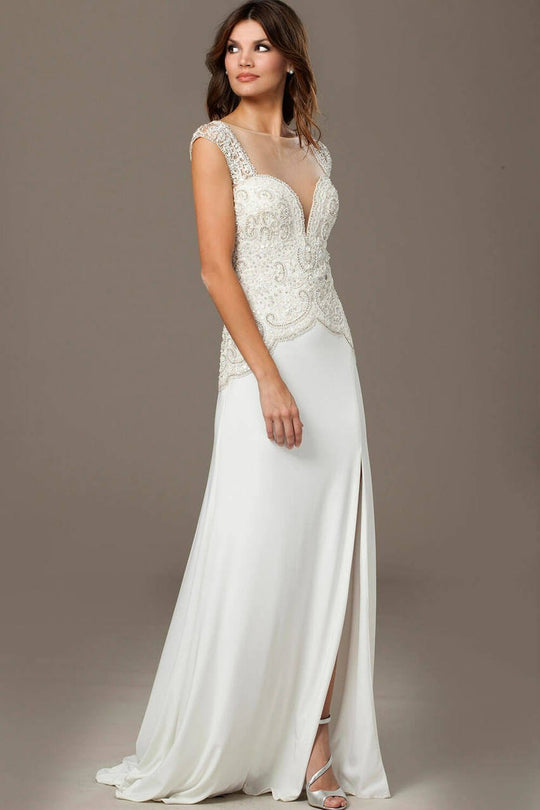 Jovani - Dainty Lace with Cap Sleeves Illusion Sheath Gown 98634 in White