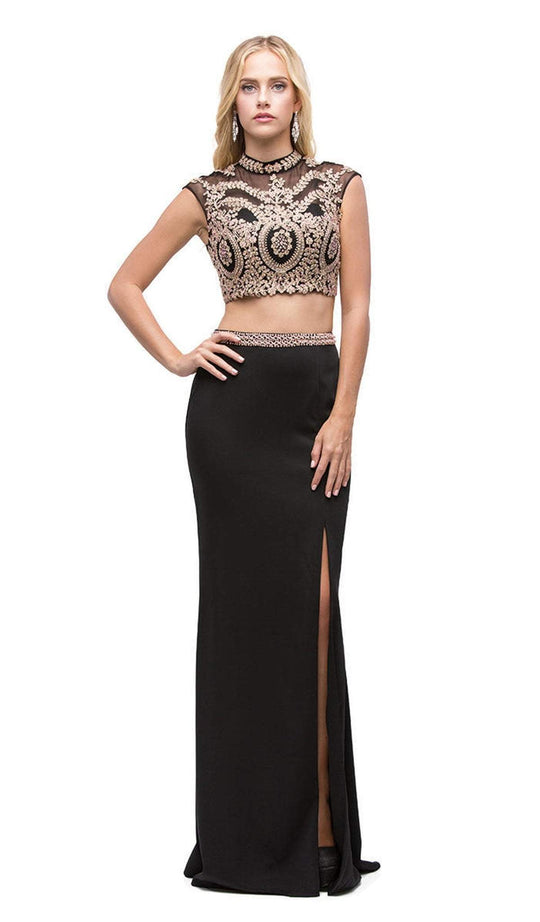 Dancing Queen - 9875 Embroidered Laced Crop top Two-Piece Prom Dress In Black