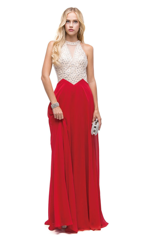 Dancing Queen - 9881 Bedazzled Halter A-line Evening Dress in Red