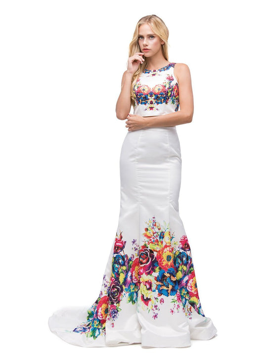 Dancing Queen - 9883 Two-Piece Floral Print Mermaid Evening Dress  in White and Multi-Color