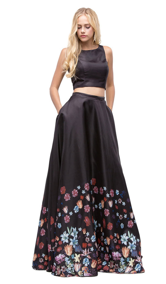 Dancing Queen - 9885 Two-Piece Bateau Floral A-line Prom Dress In Black