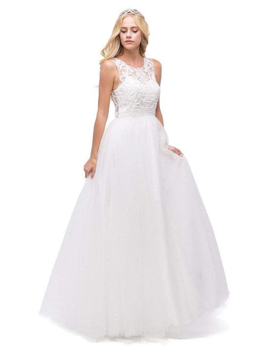 Sleeveless Embroidered Sheer Bodice A-line Dress in White