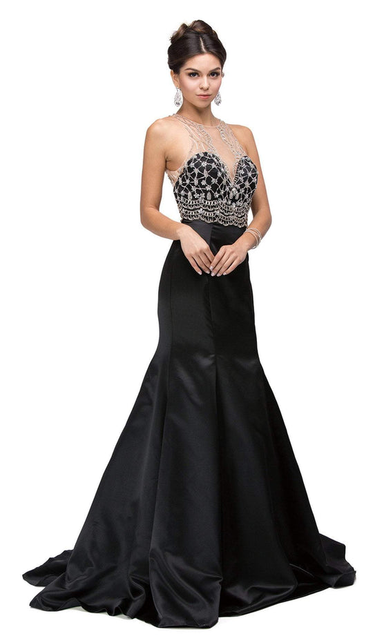 Dancing Queen - 9890 Jeweled Illusion Halter Mermaid Evening Dress in Black