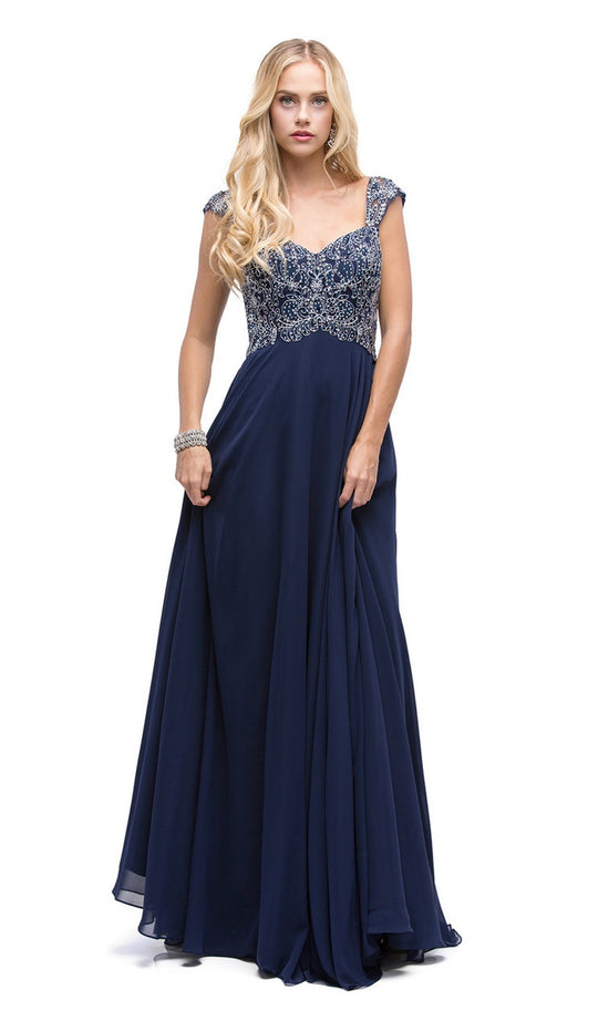 Dancing Queen - 9899 Embellished Lace Bodice  V-Back Long Formal Dress in Blue