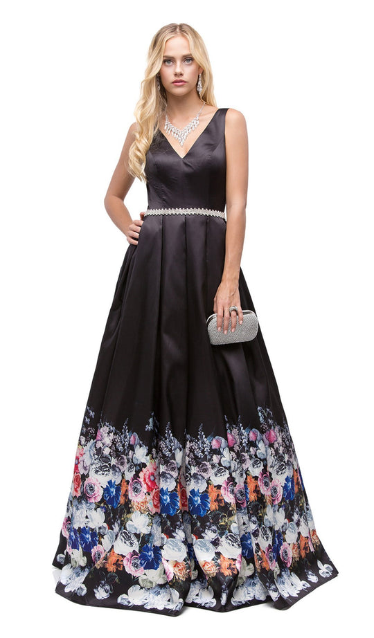 Dancing Queen - 9903 V-Neck with Floral Border Print A-line Evening Dress