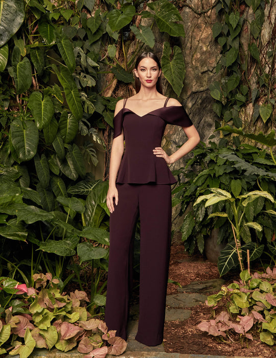 Alexander by Daymor - 990A Satin Cold-shoulder Jumpsuit with Peplum In Red and Purple