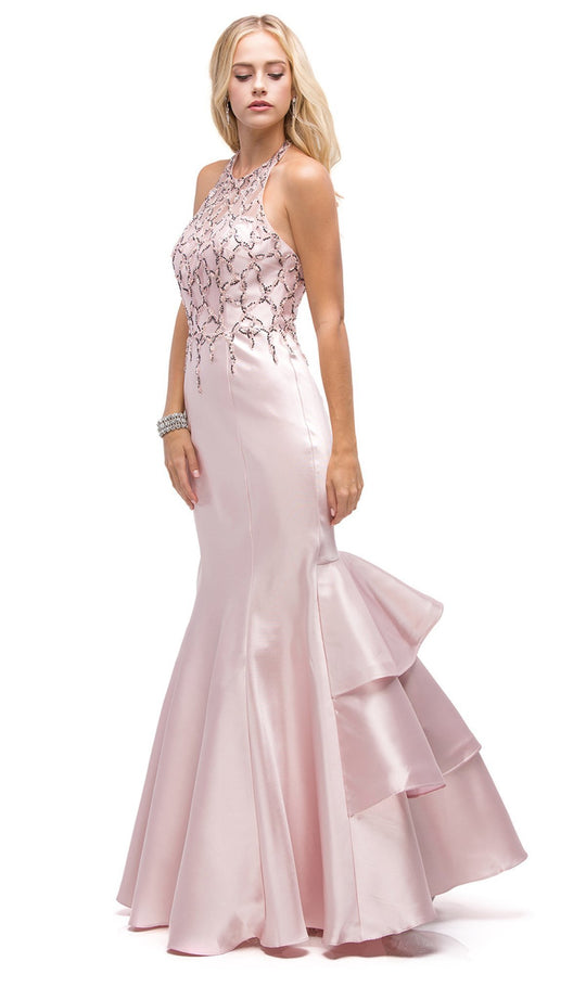 Dancing Queen - 9910 Embellished Ruffled Panel Evening Gown In Pink