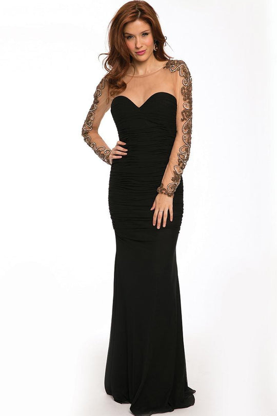 99133 Exquisitely Beaded Mesh Long Sleeve Jersey Dress