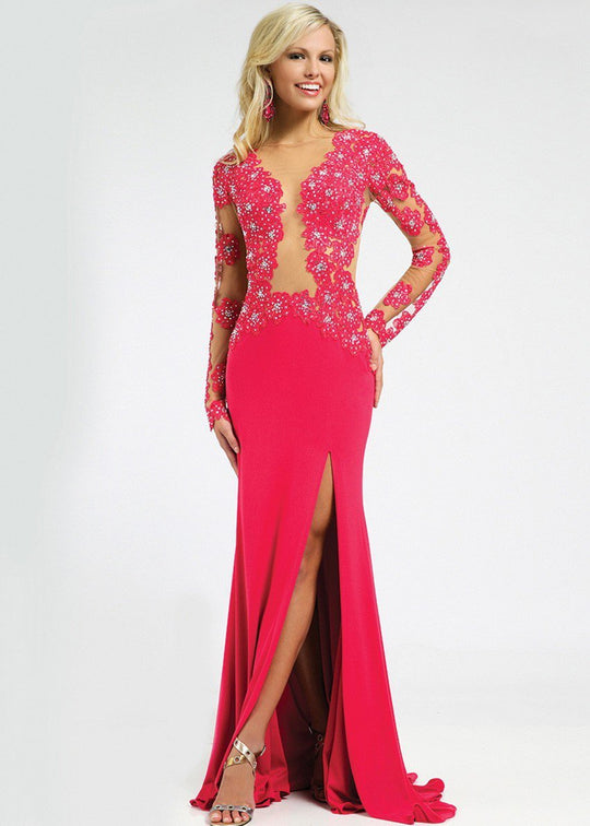 Illusion Boat Neck Embellished Floral Applique Evening Dress 99165