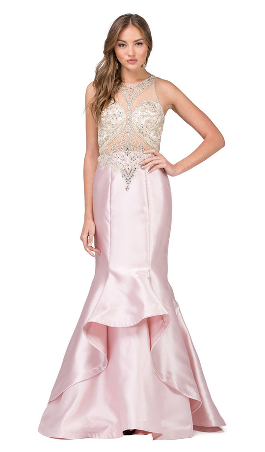 Dancing Queen - 9930 Jeweled Illusion Bodice Flounced Mermaid Gown In Pink