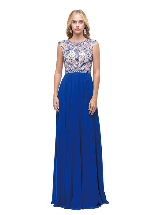 Dancing Queen - Cap Sleeved Bejeweled Evening Gown 9931 in Blue