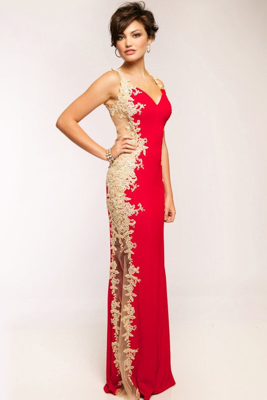 JVN99392 Sheer Paneled Gilt Embroidered Gown