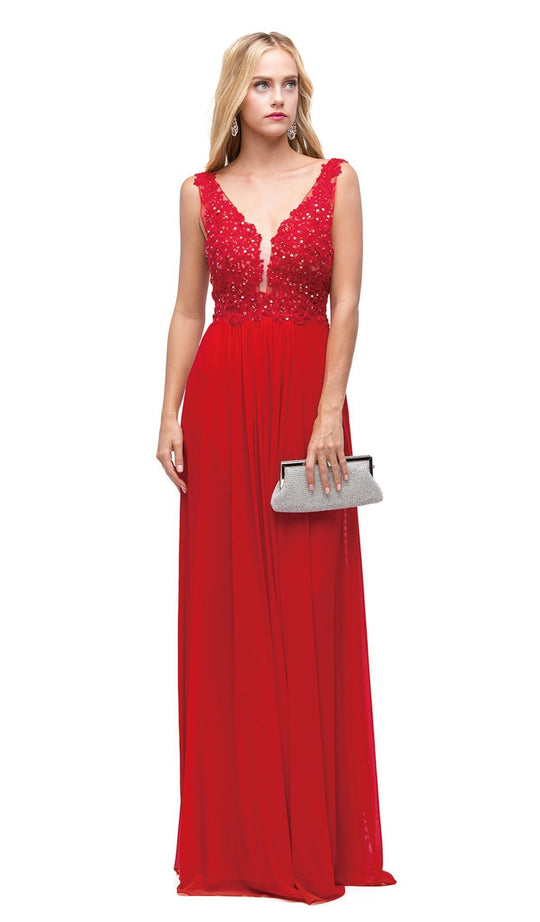 Dancing Queen - 9942 Embroidered V-neck A-line Evening Dress