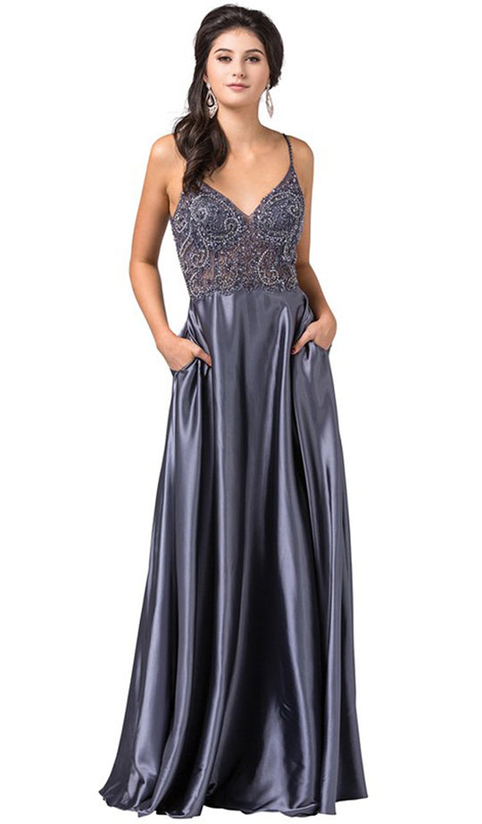 Dancing Queen - 2614 Embellished V-neck A-line Dress In Gray