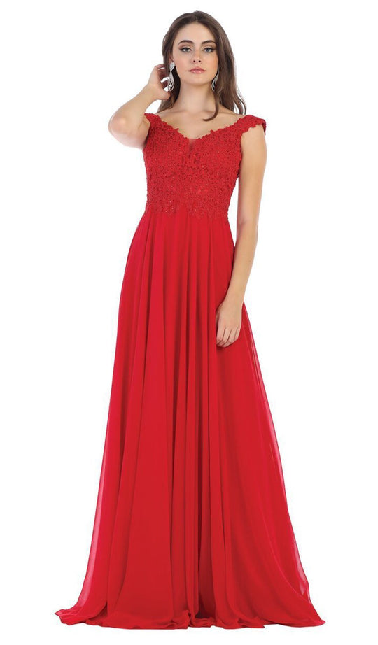 May Queen - MQ1602 V Neck Lace Applique Chiffon Long Formal Dress In Red