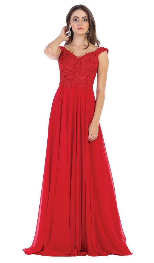 May Queen - MQ1602 V Neck Lace Applique Chiffon Long Formal Dress In Red