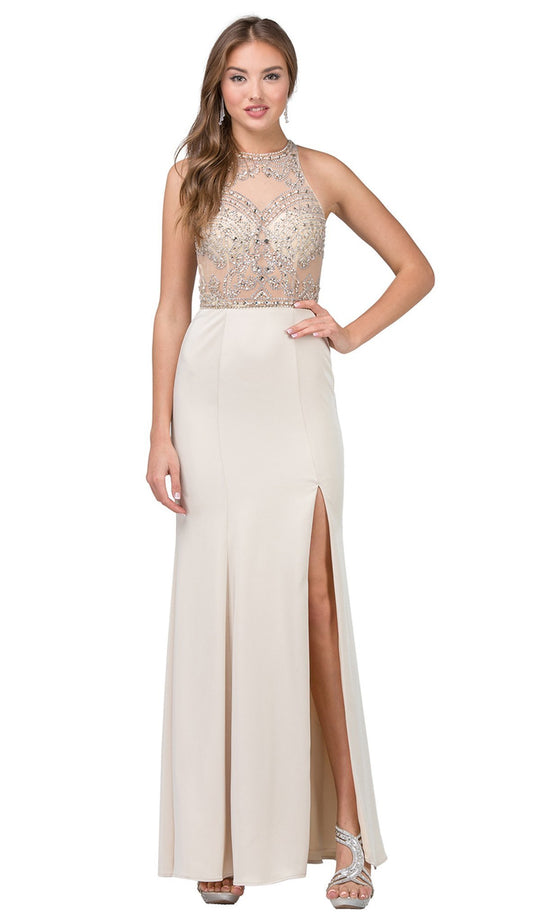 Beaded Illusion Halter Evening Dress With Slit - ADASA