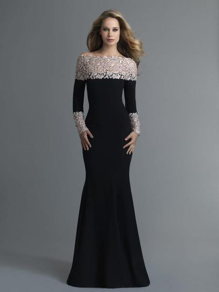Saboroma - 99824 Floral Applique Trumpet Dress In Black