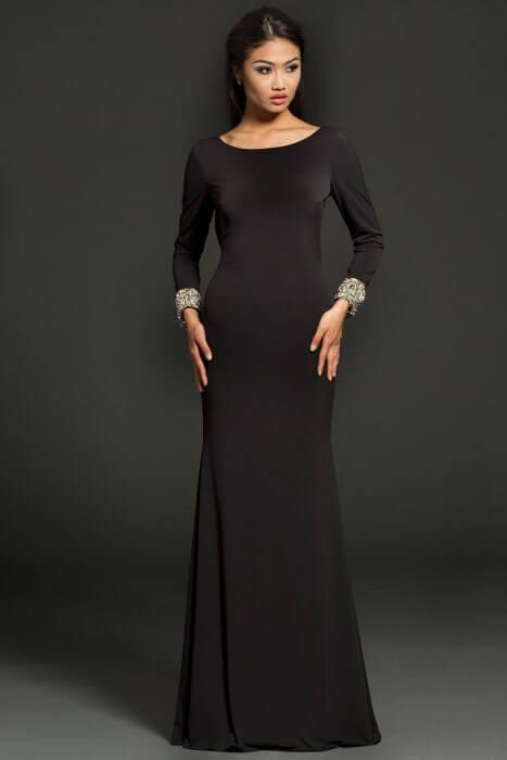 99893 Long Sleeve Backless Gown with Beaded Cuff