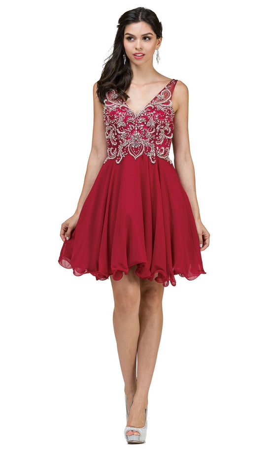 Dancing Queen - 9998 Jeweled Bodice V-neck Cocktail Dress in Red