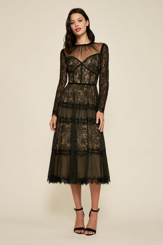 Tadashi Shoji - Long Sleeved Bustier Lace and Chiffon Tea Length Dress In Black and Neutral