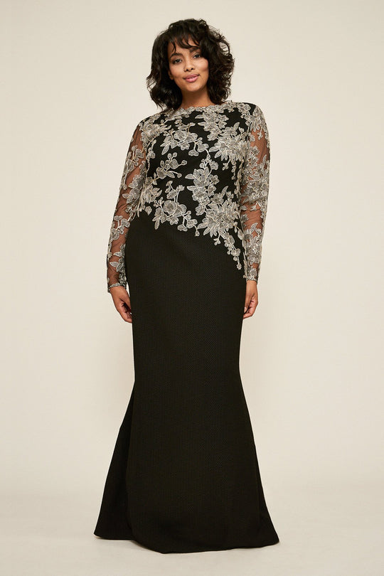 Tadashi Shoji - Asymmetric Embroidered Sheer Long Sleeve Gown In Gray and Black