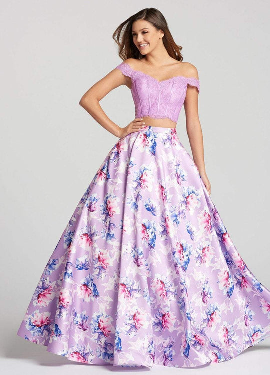 Ellie Wilde - EW118178 Off Shoulder Floral Mikado Two-Piece Ballgown In Purple and Floral