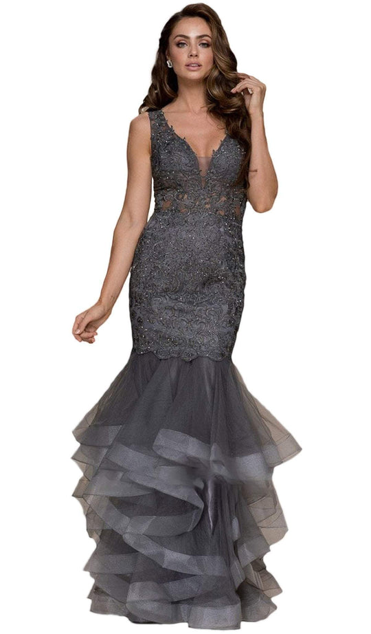 Nox Anabel - A059 Beaded Lace Ruffled Mermaid Dress