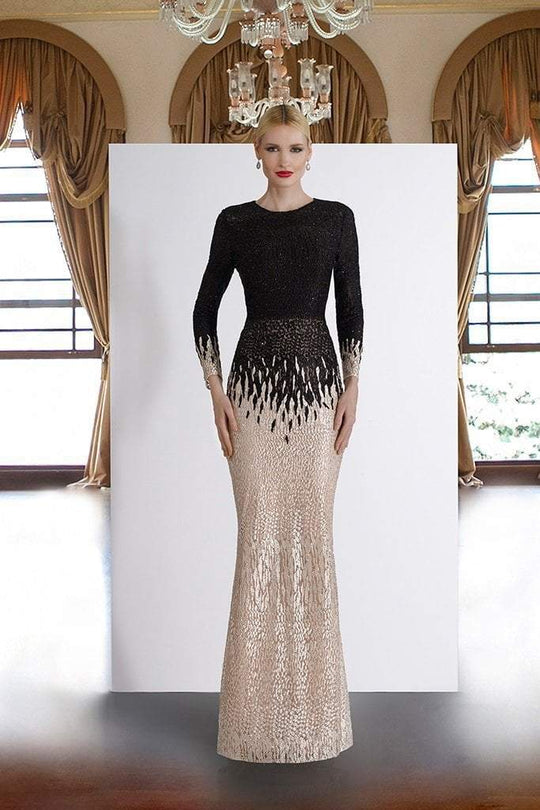 Janique - A18321 Long Sleeve Two-Toned Beaded Gown in Black / Blush
