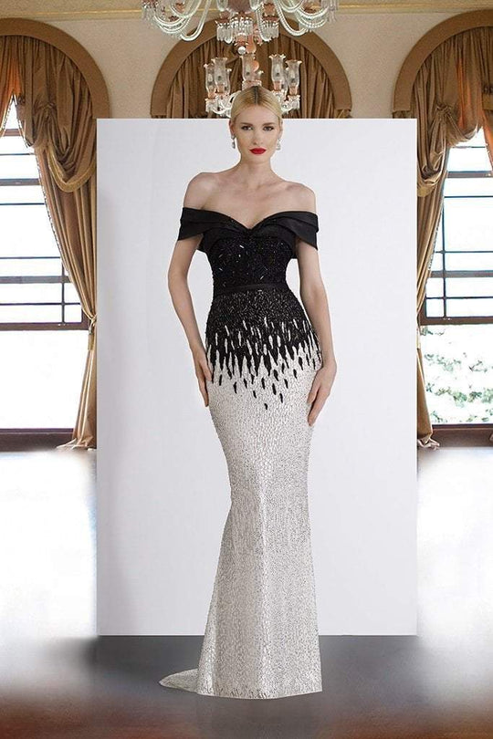 Janique - A18375 Draped Off Shoulder Mermaid Gown In Black and White