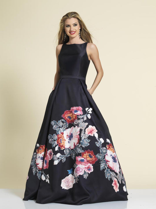 Dave & Johnny - A4185 Floral Bateau Evening Dress in Black and Print