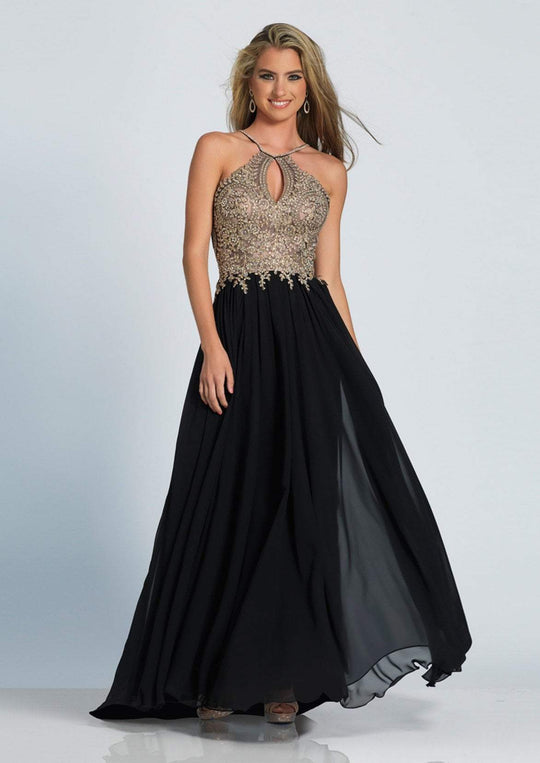Dave & Johnny - A5011 Halter Lace Applique Top Chiffon Dress In Black