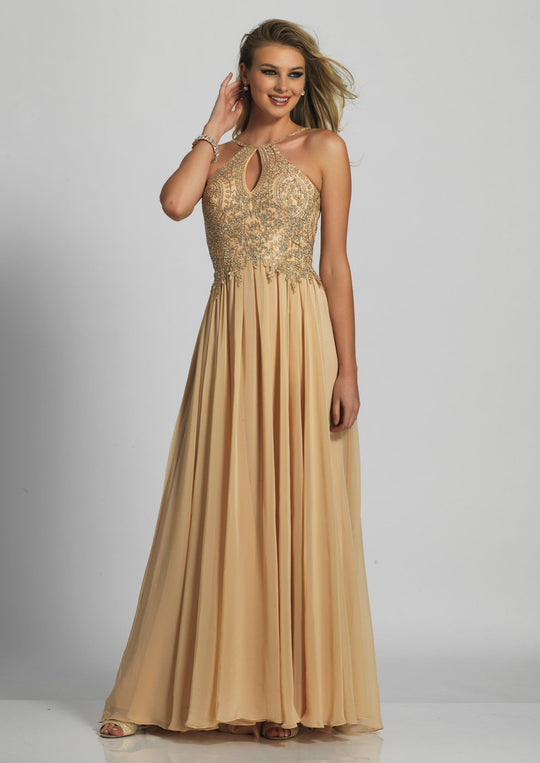 Dave & Johnny - A5011 Halter Lace Applique Top Chiffon Dress In Neutral