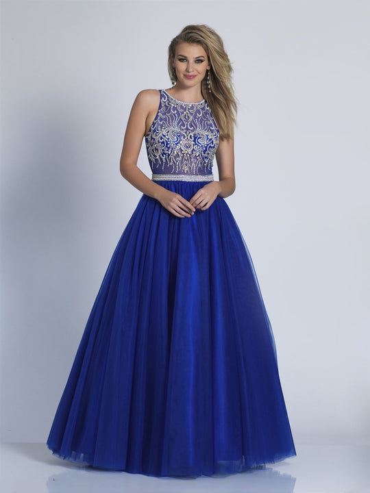 Dave & Johnny - A5799 Beaded Illusion Jewel A-line Dress in Blue
