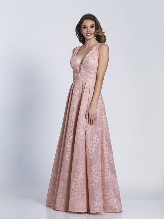 Dave & Johnny - A5853 Embellished Deep V-neck A-line Dress in Pink