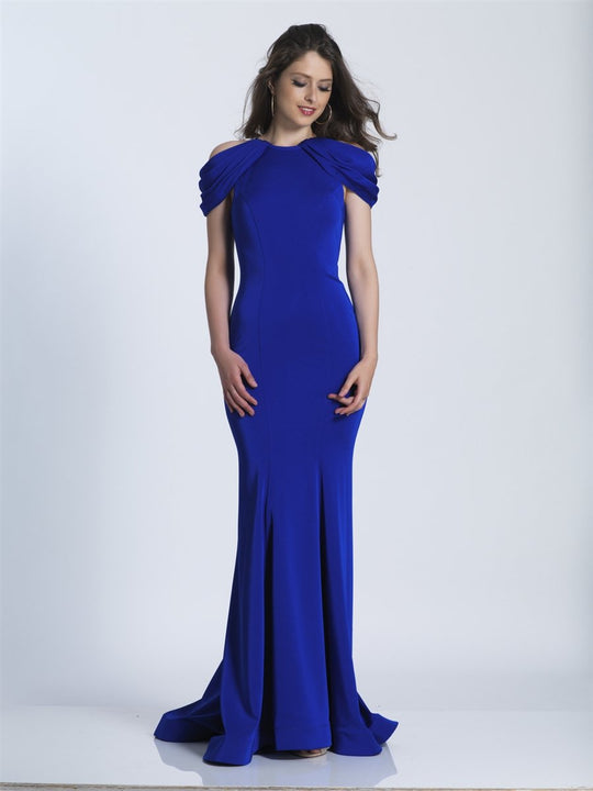 Dave & Johnny - A5907 Draped Short Sleeve Cutaway Long Gown in Blue