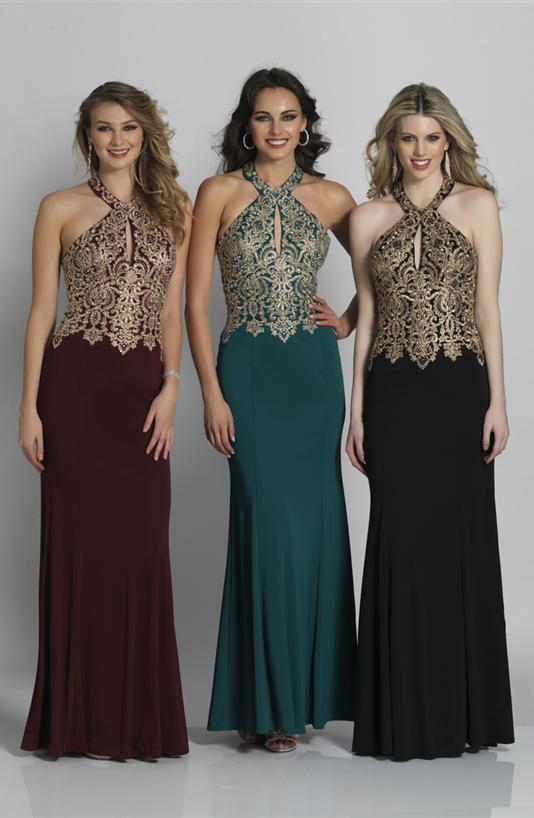 Dave & Johnny - A6046 Gilt Lace Halter Cutout Gown in Red and Green