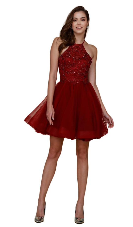 Nox Anabel - A614 Embroidered Halter A-Line Cocktail Dress